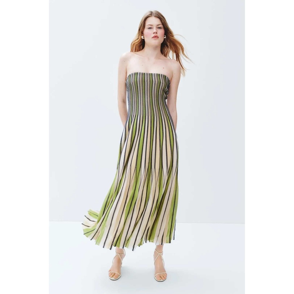 SIMKHAI Soleil Midi Knit Dress Green Striped Ribbed Strapless Womens Size L